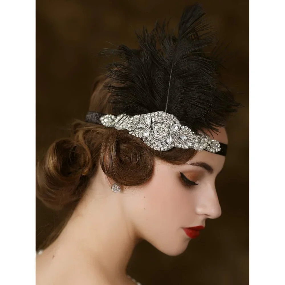 1920s Headpiece Flapper Headband Rhinestone Feather Great Gatsby Accessories